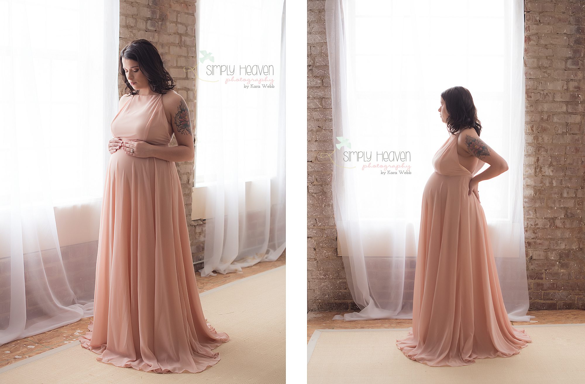 maternity pictures of a lady in a pink dress in front of brick wall and window