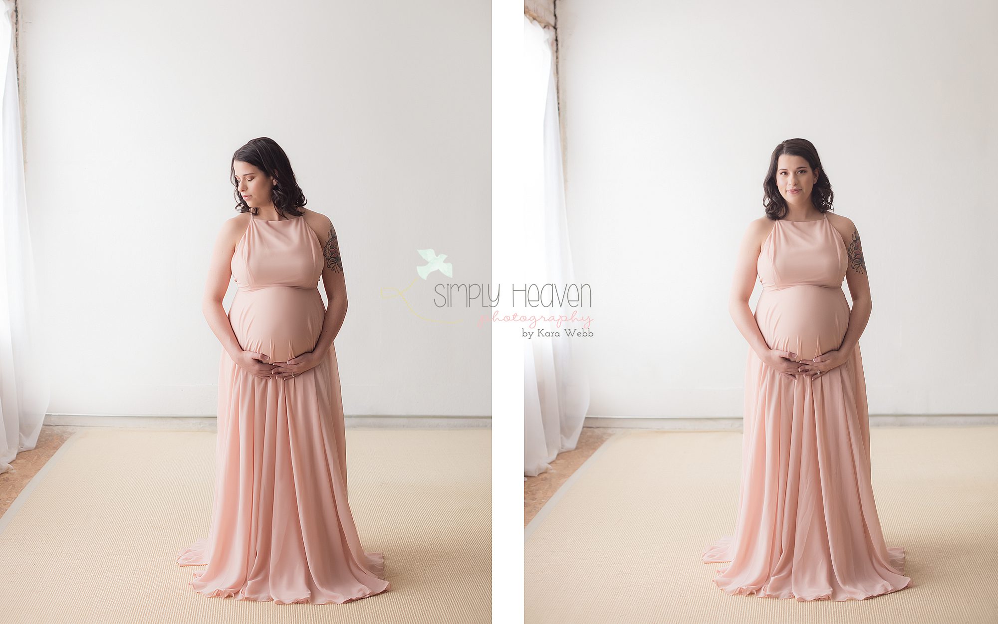 maternity pictures of a lady in a pink dress in front of a white wall