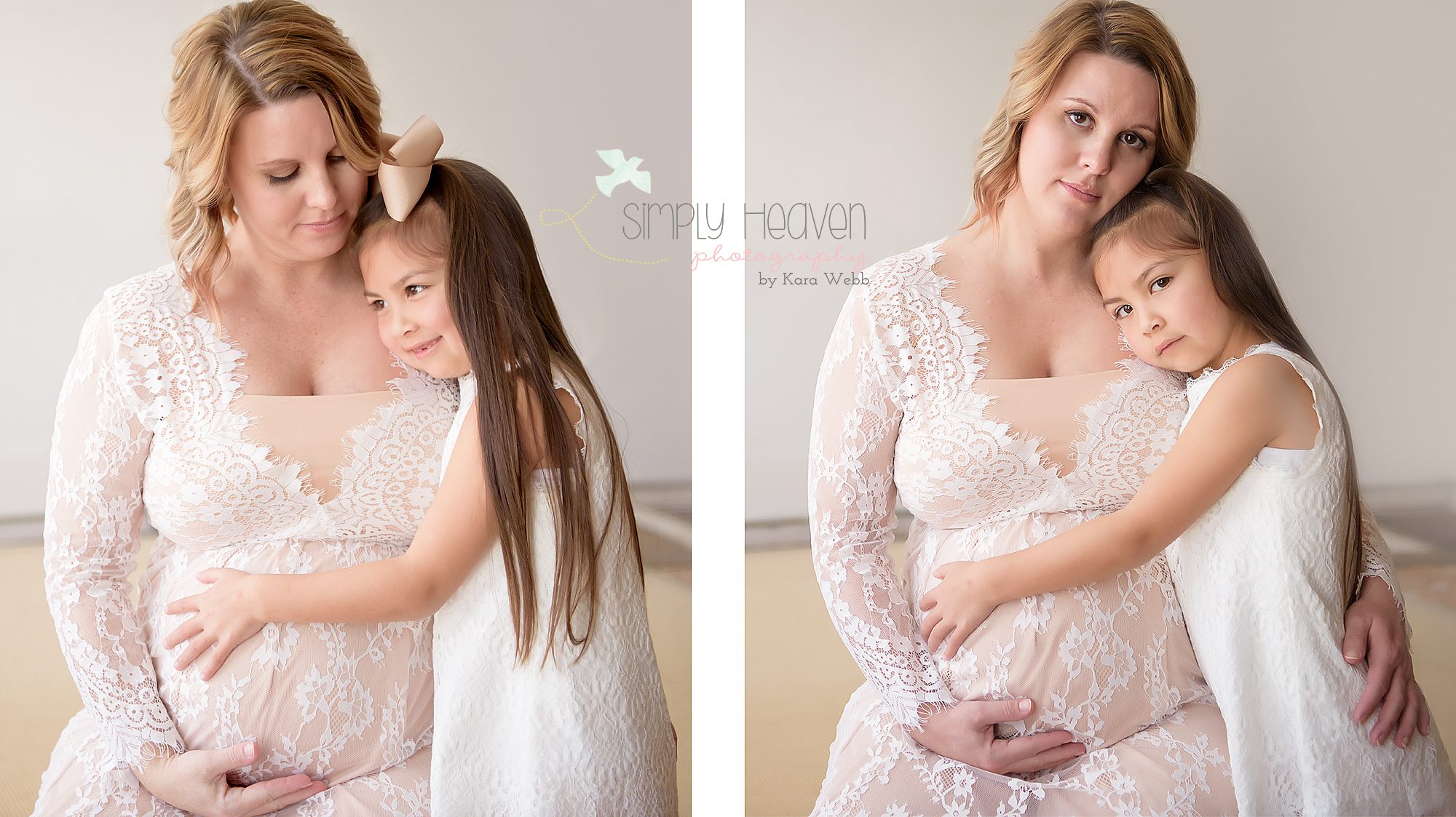 maternity portraits of mom and daughter in a white lace dress