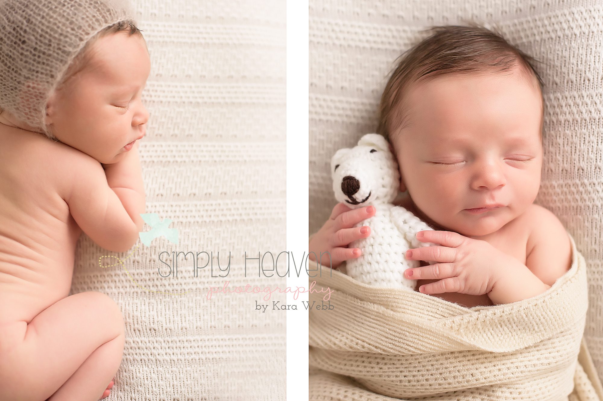 two pictures of a newborn baby boy with bonnet and bear