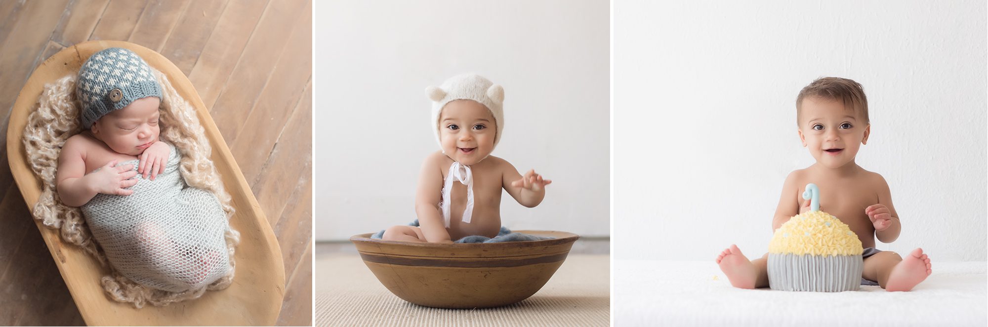 three pictures of the same boy, newborn sitting up and one year old