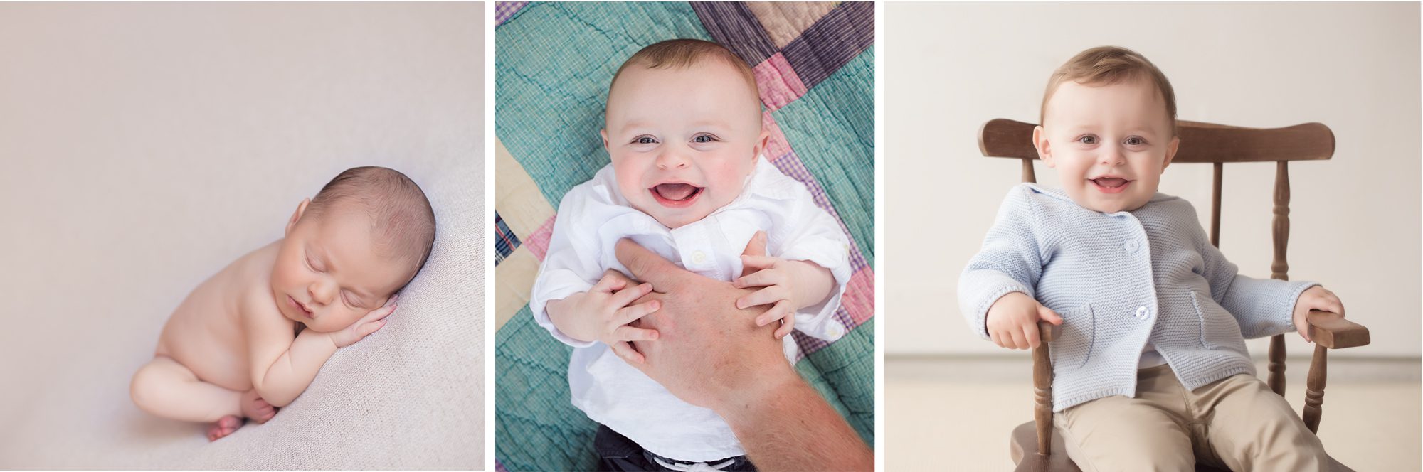 trio of images showing a newborn, five month, and one year picture of the same child