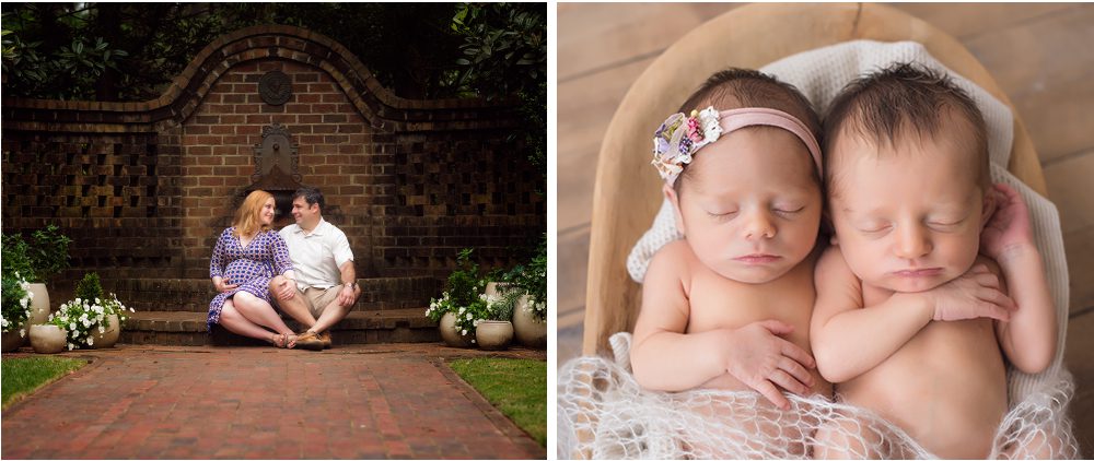 two images of newborn baby twins laying in a bed and parent maternity pictures