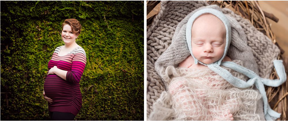 two images newborn baby boy and mom maternity pictures