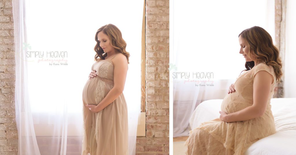 collage of a pregnant woman standing in front of a window during a maternity portrait session